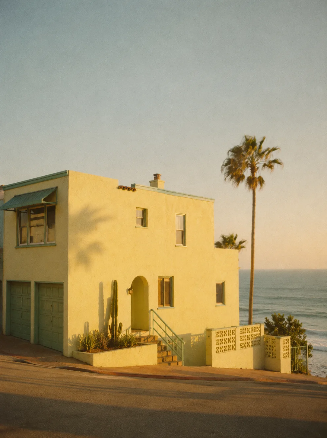 Yellow beach house at golden hour